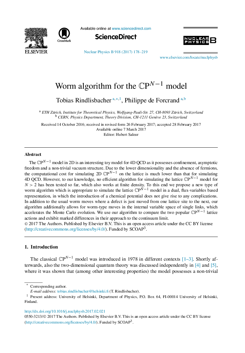 عکس صفحه اول مقاله: Worm algorithm for the CPNâ1 model Worm algorithm for the CPNâ1 model