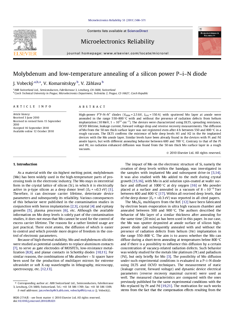 Molybdenum and low-temperature annealing of a silicon power P–i–N diode
