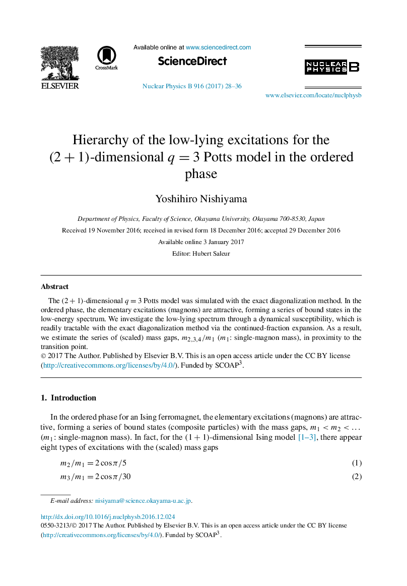 Hierarchy of the low-lying excitations for the (2Â +Â 1)-dimensional qÂ =Â 3 Potts model in the ordered phase