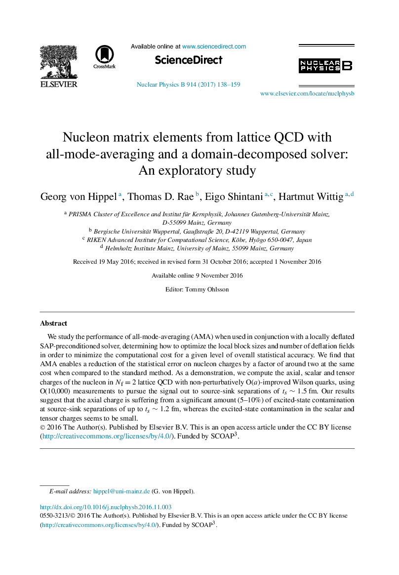 Nucleon matrix elements from lattice QCD with all-mode-averaging and a domain-decomposed solver: An exploratory study