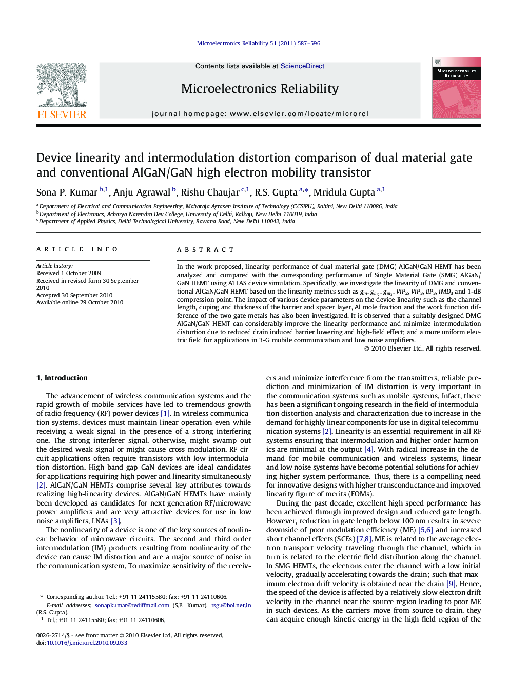 Device linearity and intermodulation distortion comparison of dual material gate and conventional AlGaN/GaN high electron mobility transistor