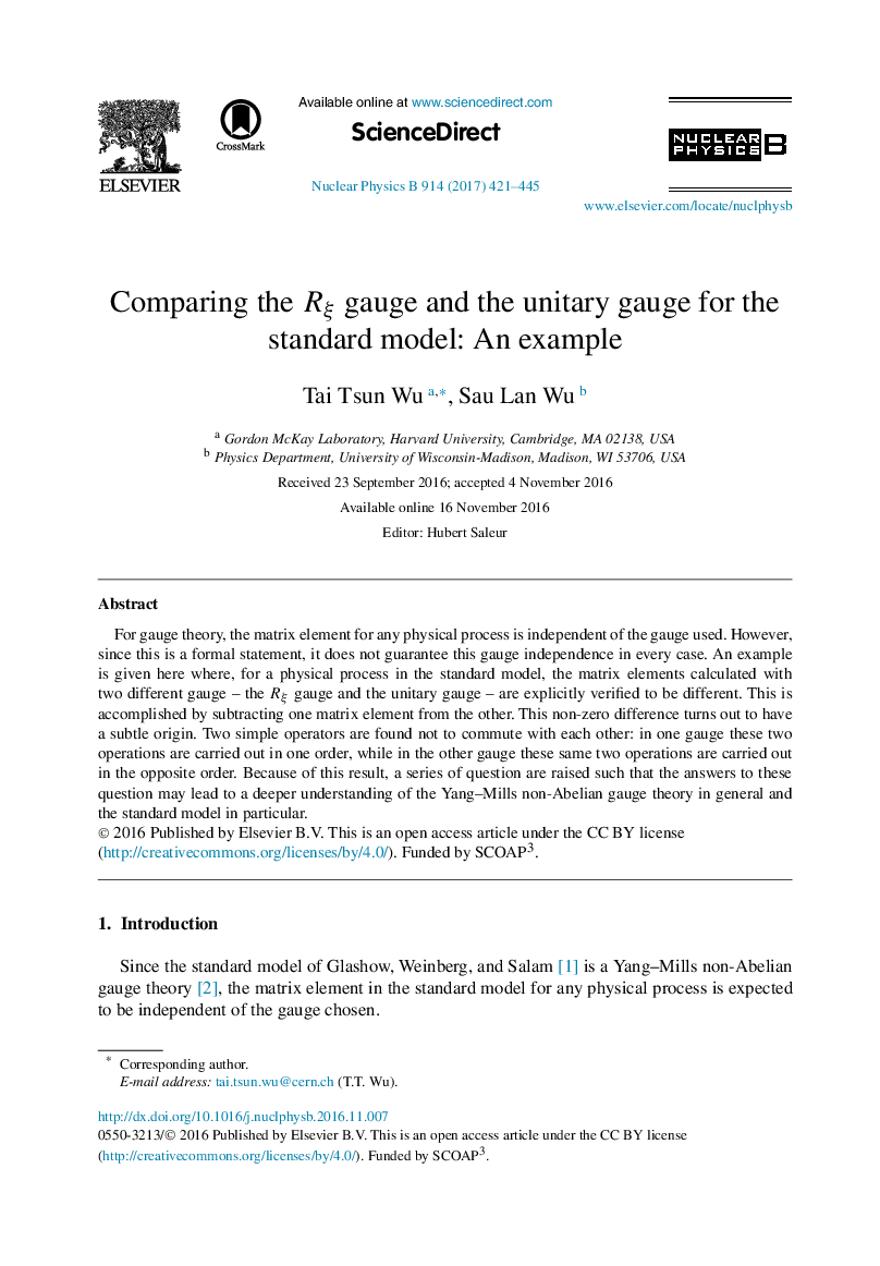 Comparing the RÎ¾ gauge and the unitary gauge for the standard model: An example