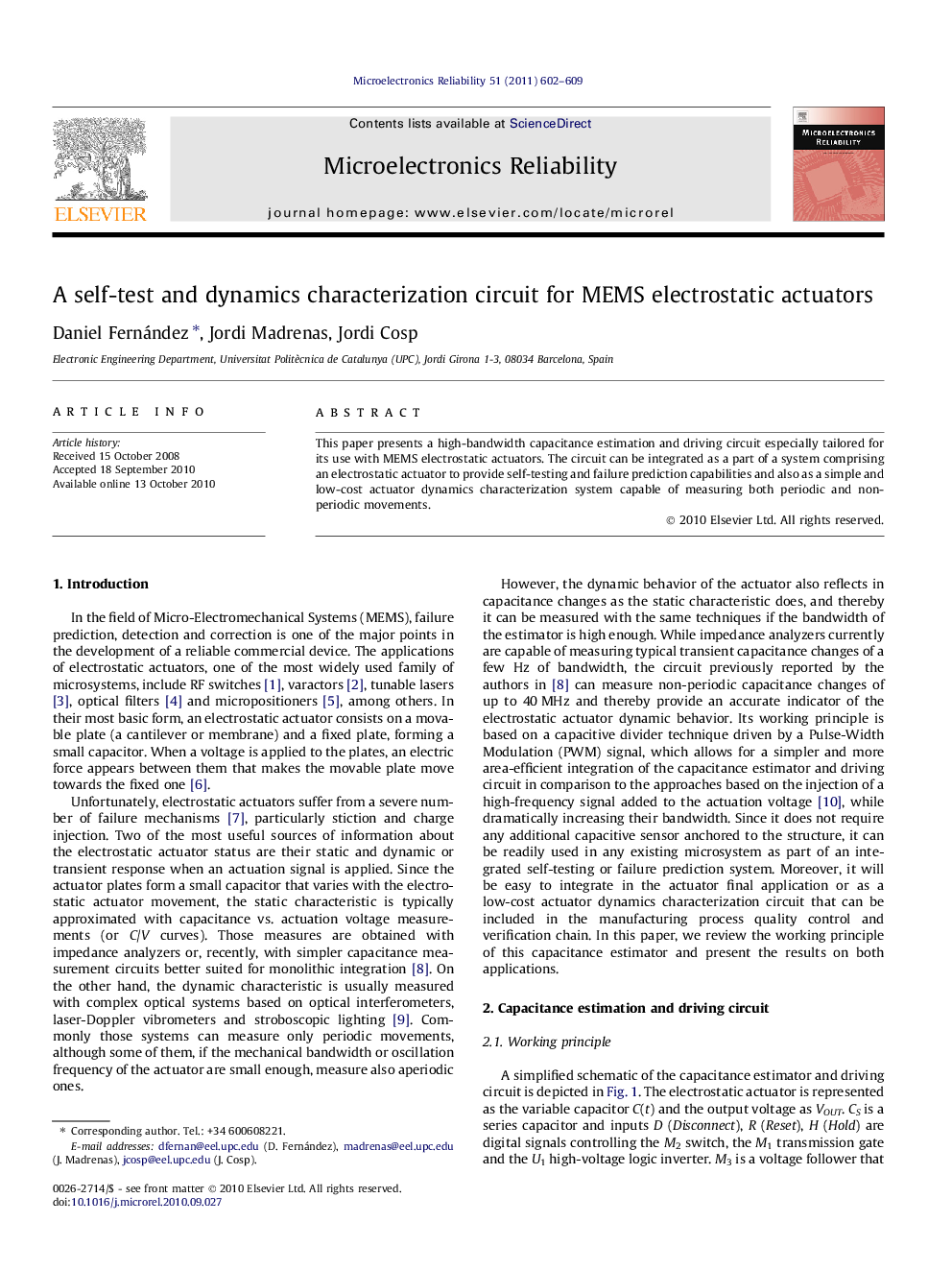 A self-test and dynamics characterization circuit for MEMS electrostatic actuators