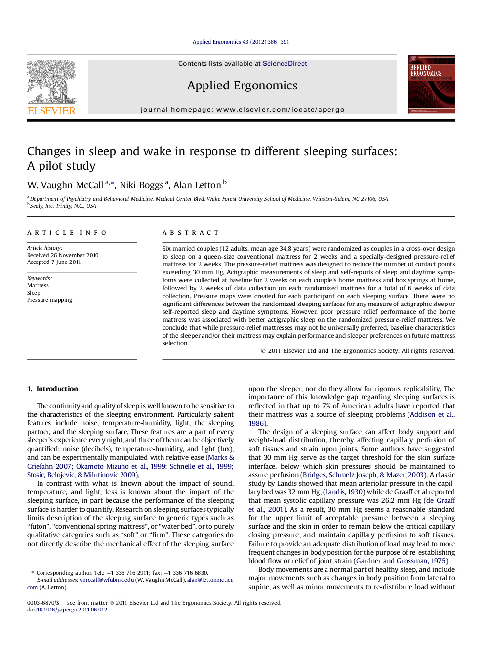 Changes in sleep and wake in response to different sleeping surfaces: A pilot study