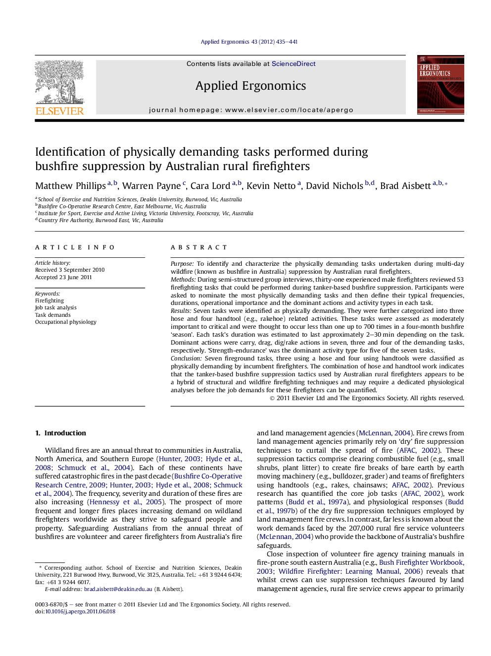 Identification of physically demanding tasks performed during bushfire suppression by Australian rural firefighters