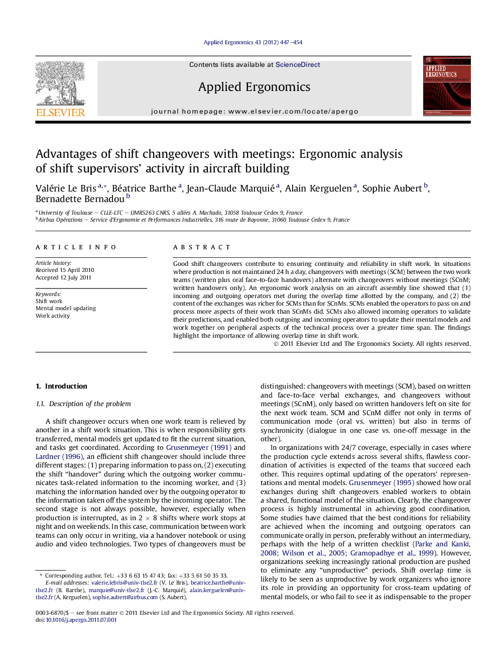 Advantages of shift changeovers with meetings: Ergonomic analysis of shift supervisors’ activity in aircraft building