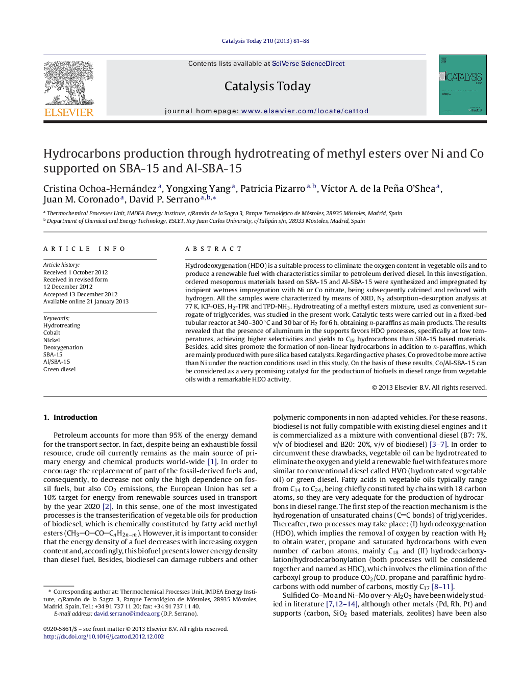 Hydrocarbons production through hydrotreating of methyl esters over Ni and Co supported on SBA-15 and Al-SBA-15