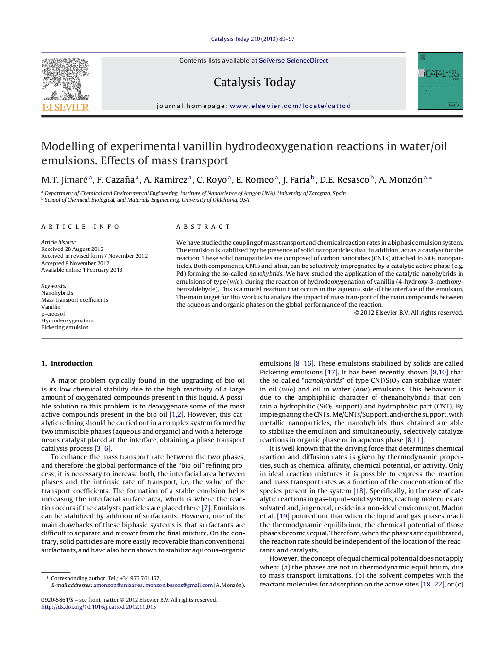 Modelling of experimental vanillin hydrodeoxygenation reactions in water/oil emulsions. Effects of mass transport