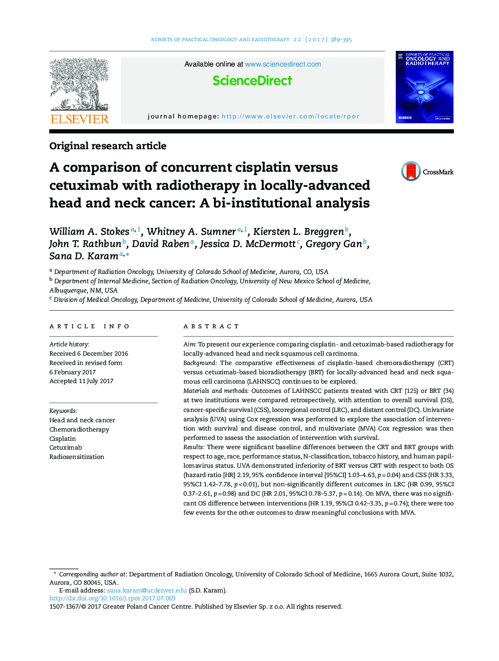 A comparison of concurrent cisplatin versus cetuximab with radiotherapy in locally-advanced head and neck cancer: A bi-institutional analysis