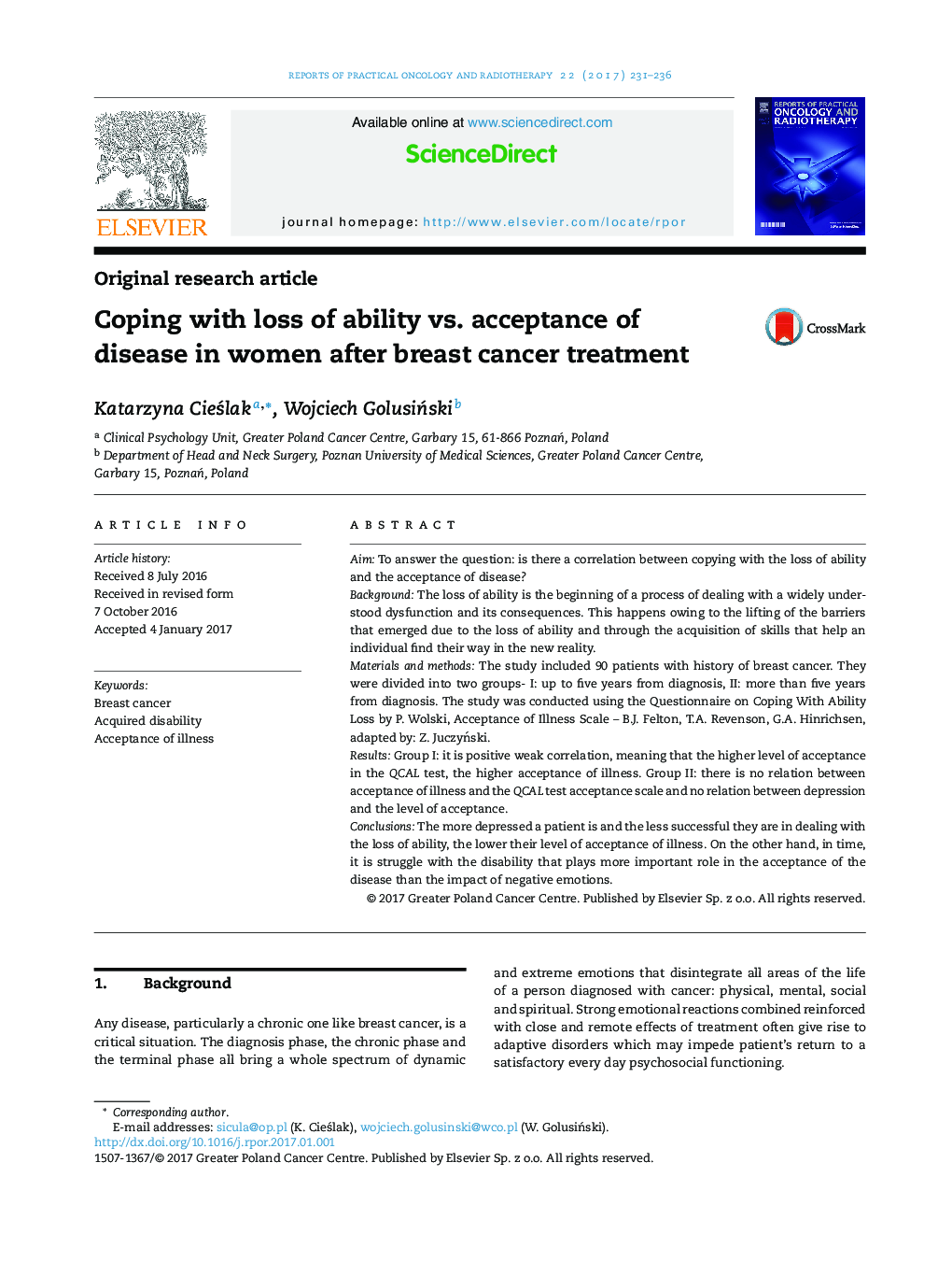 Coping with loss of ability vs. acceptance of disease in women after breast cancer treatment