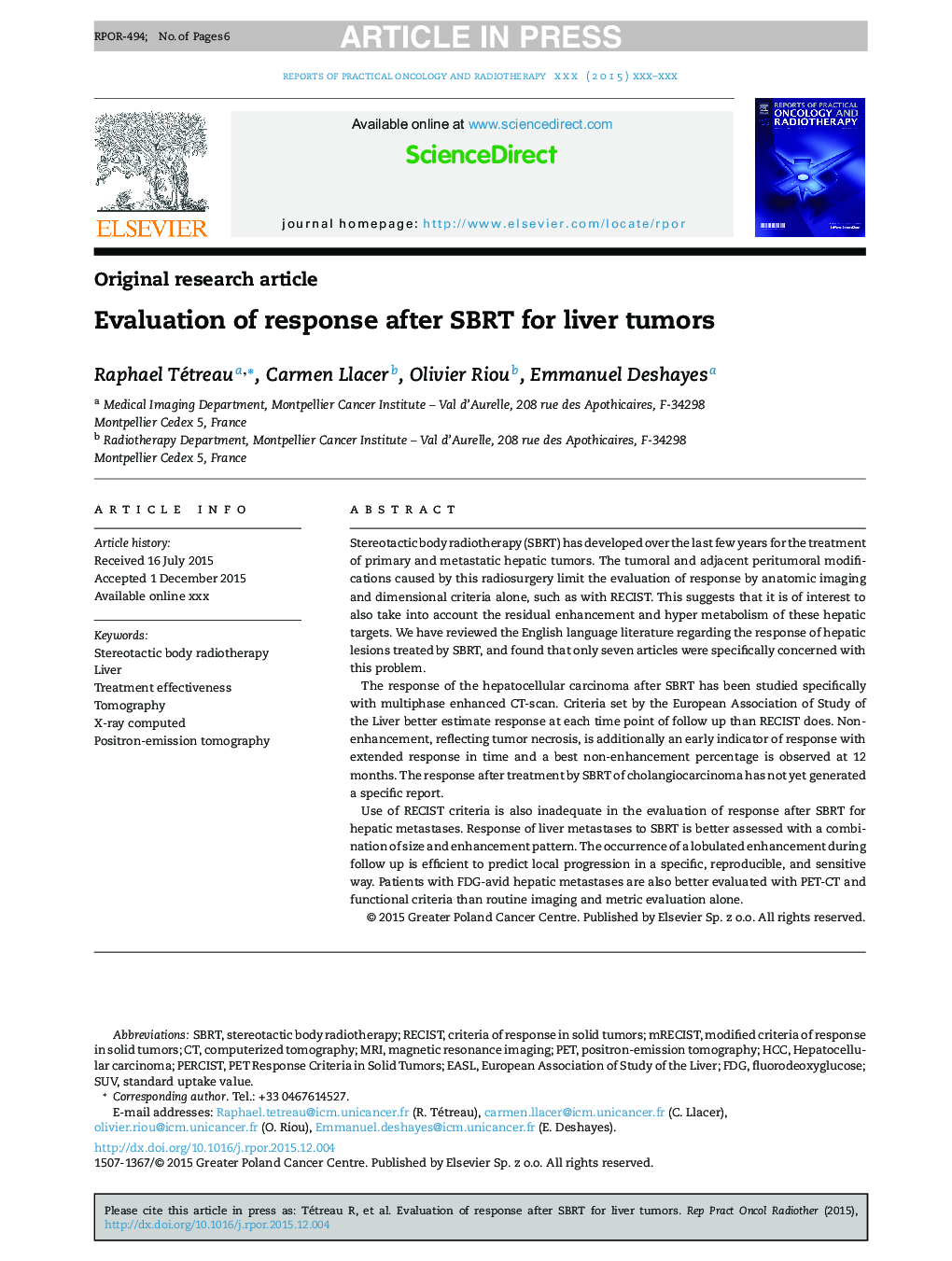 Evaluation of response after SBRT for liver tumors