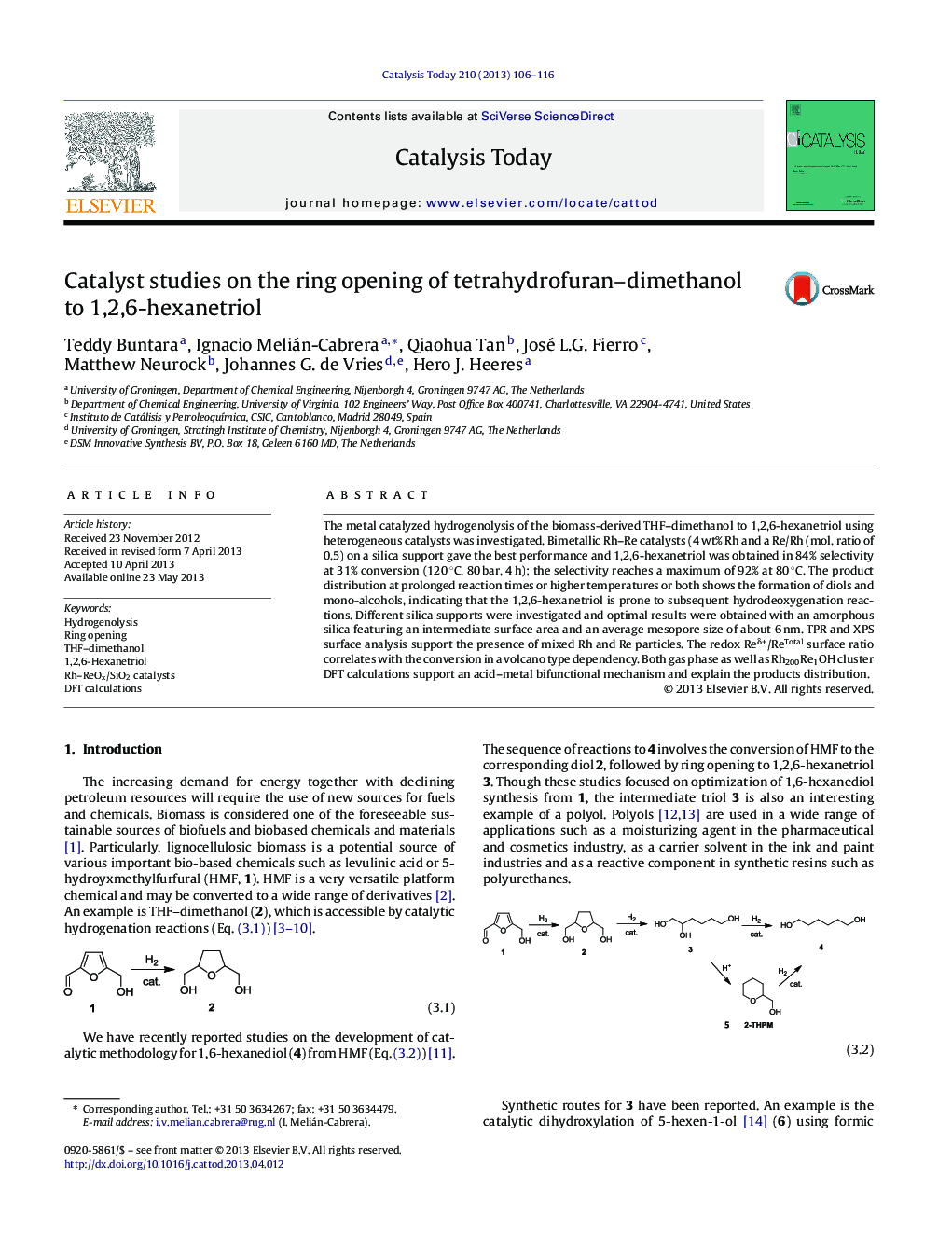 Catalyst studies on the ring opening of tetrahydrofuran–dimethanol to 1,2,6-hexanetriol