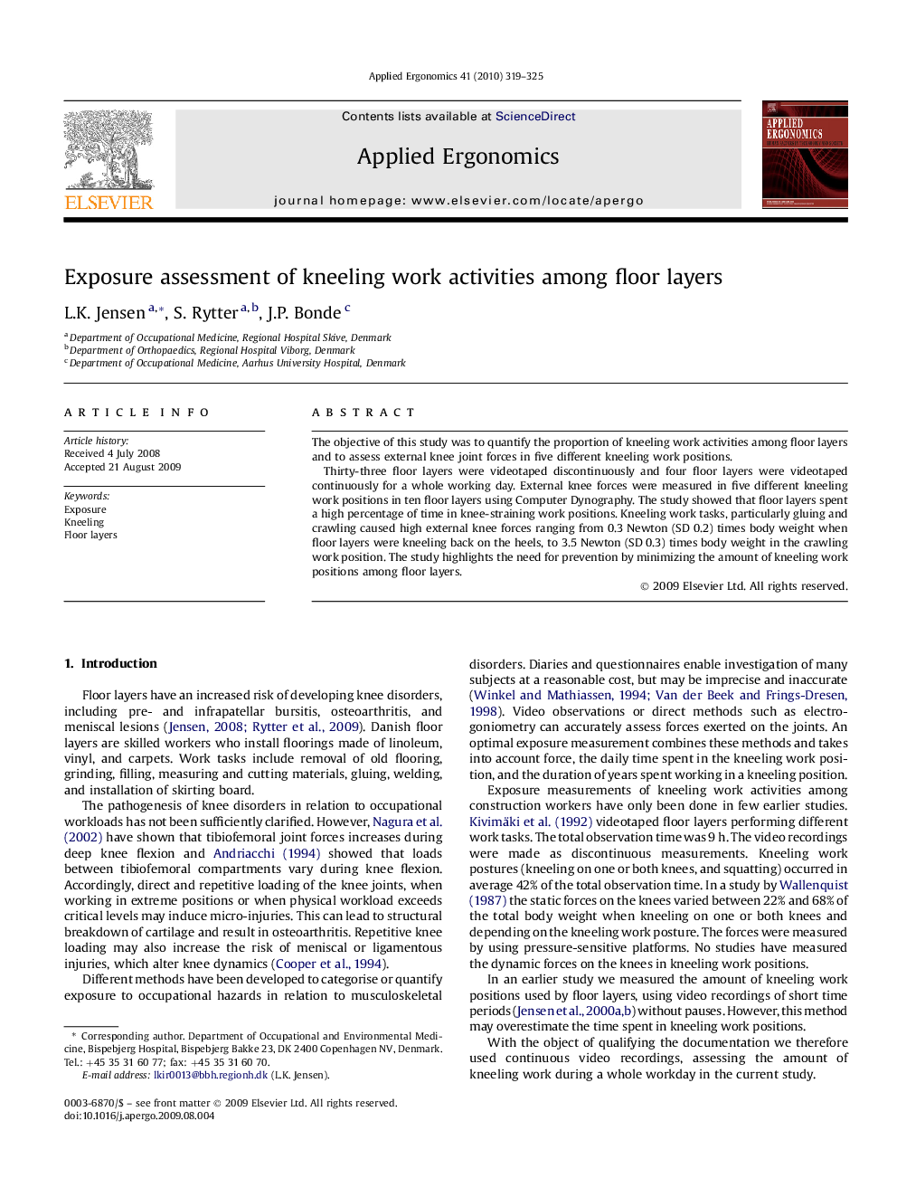 Exposure assessment of kneeling work activities among floor layers