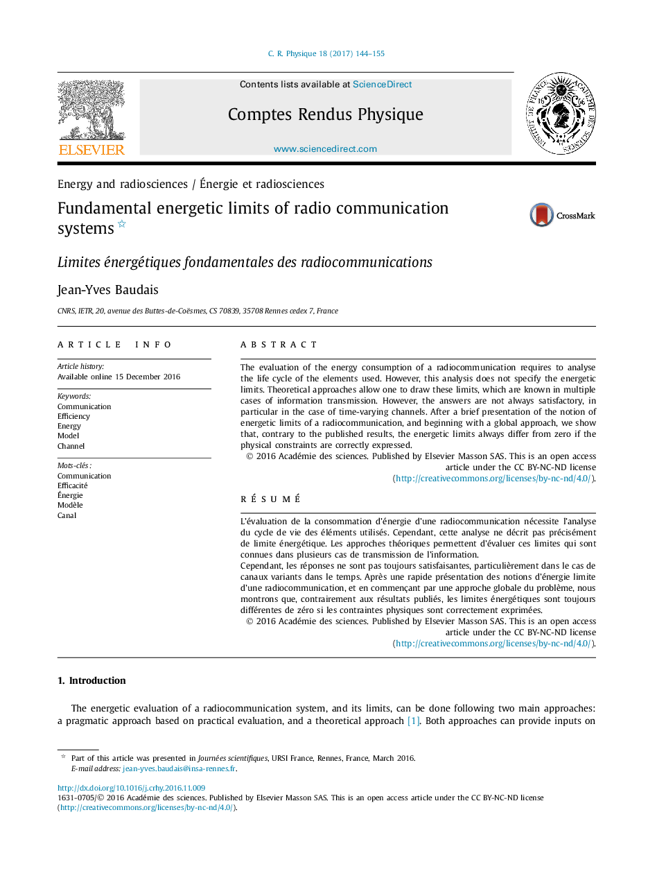 Energy and radiosciences / Ãnergie et radiosciencesFundamental energetic limits of radio communication systemsLimites énergétiques fondamentales des radiocommunications