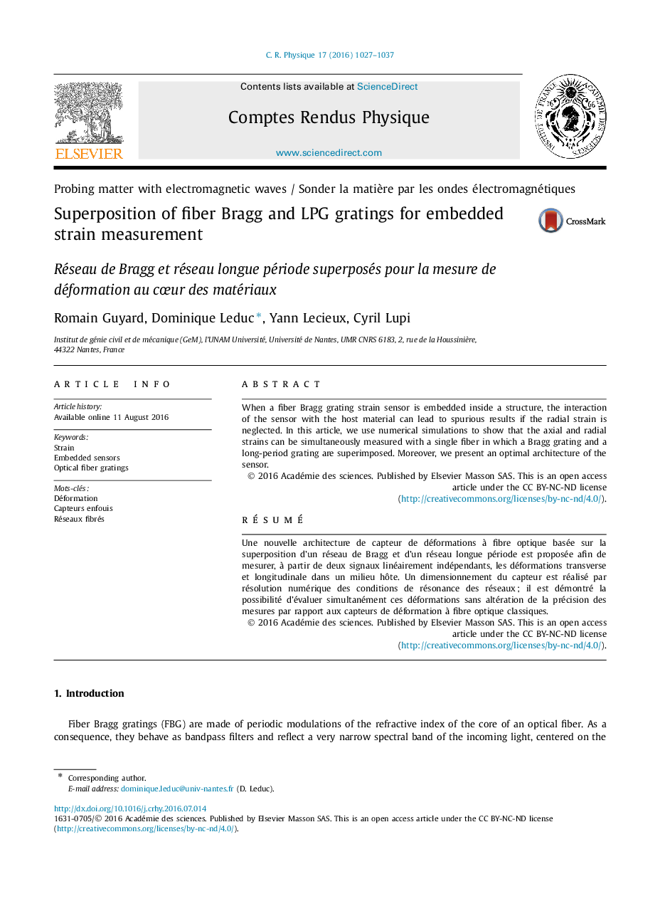 Superposition of fiber Bragg and LPG gratings for embedded strain measurement