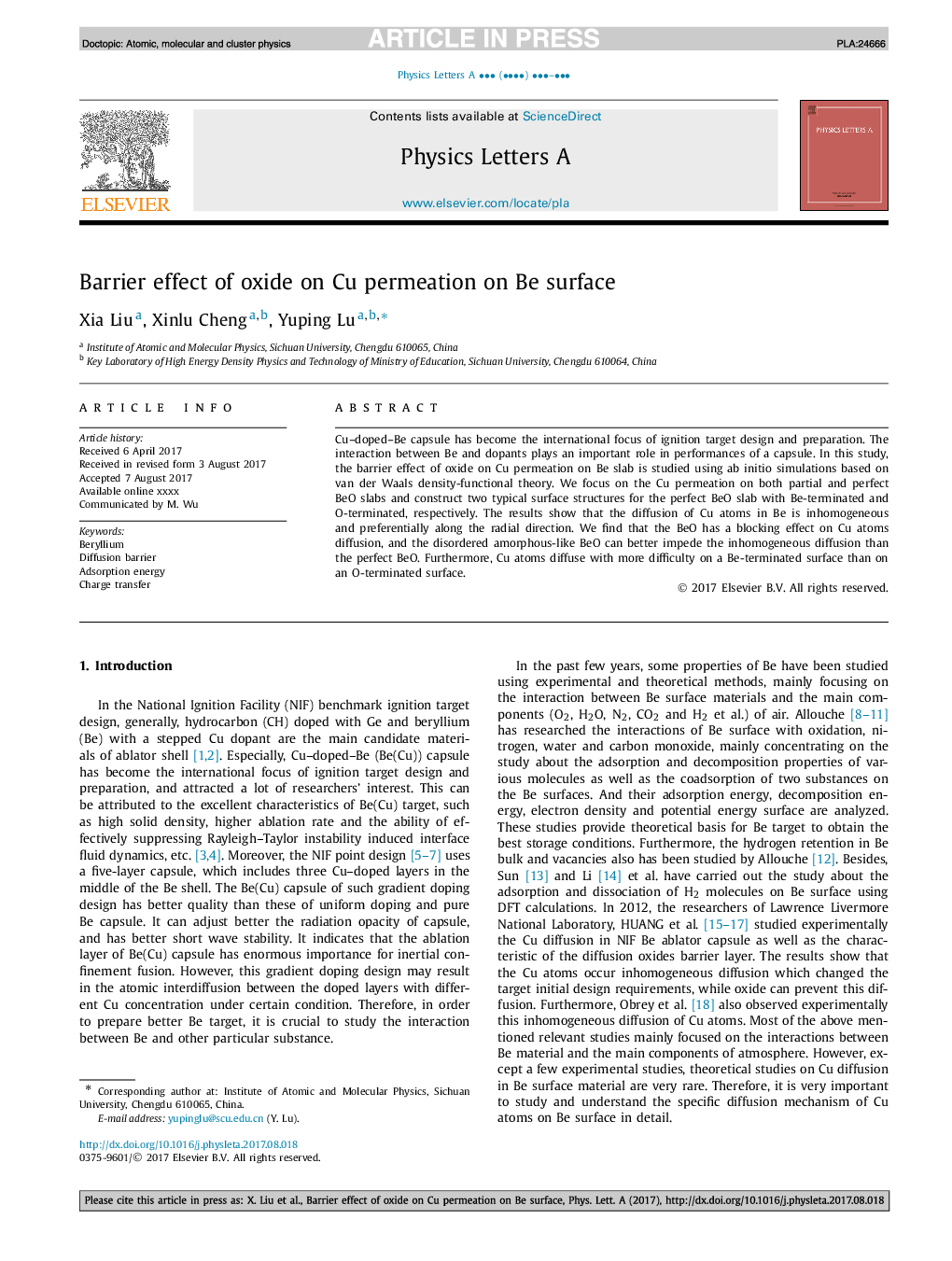 Barrier effect of oxide on Cu permeation on Be surface