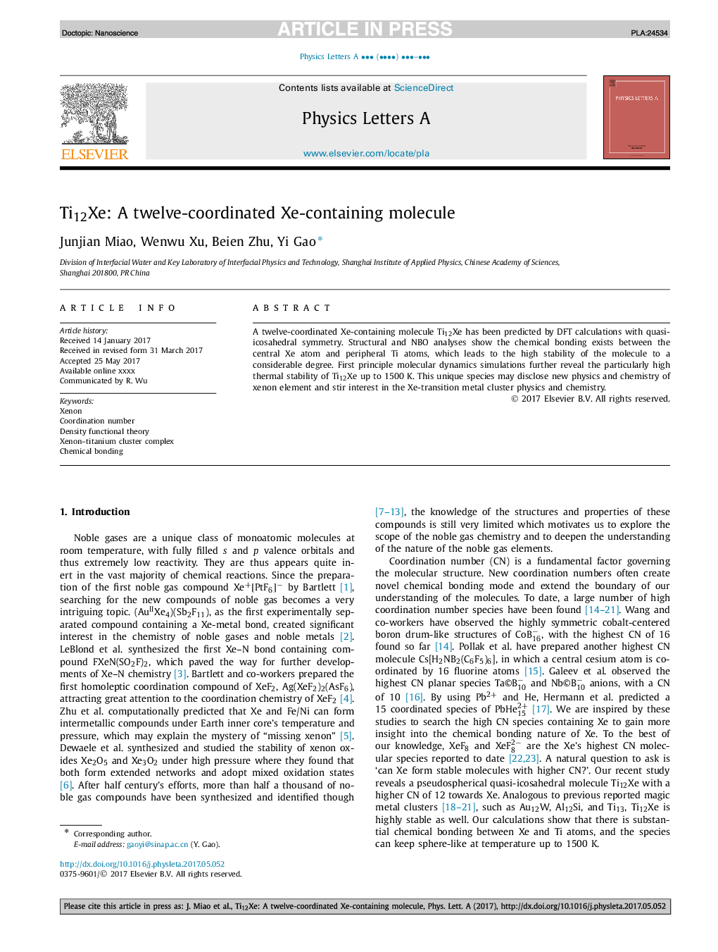 Ti12Xe: A twelve-coordinated Xe-containing molecule