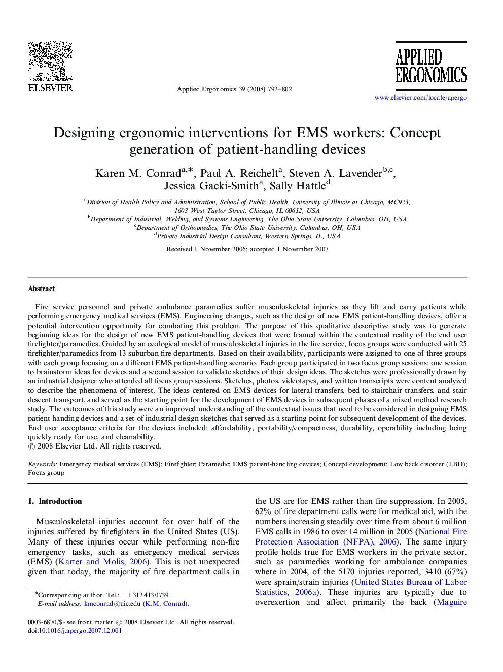 Designing ergonomic interventions for EMS workers: Concept generation of patient-handling devices