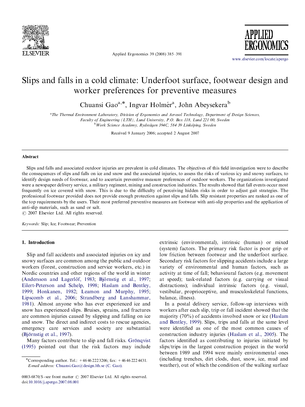 عکس صفحه اول مقاله: Slips and falls in a cold climate: Underfoot surface, footwear design and worker preferences for preventive measures Slips and falls in a cold climate: Underfoot surface, footwear design and worker preferences for preventive measures