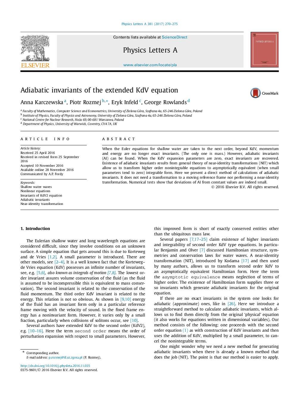 Adiabatic invariants of the extended KdV equation