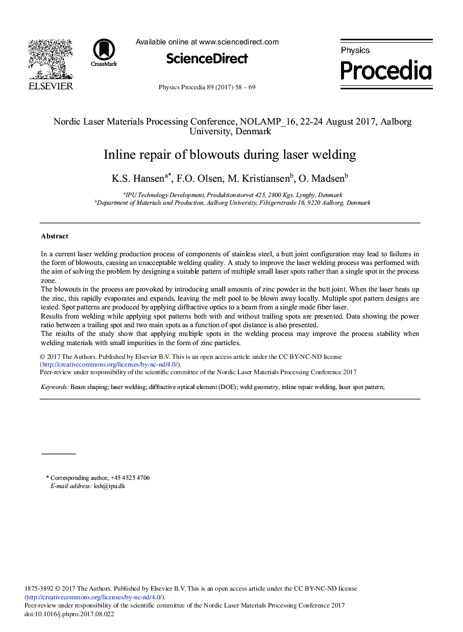 Inline Repair of Blowouts During Laser Welding