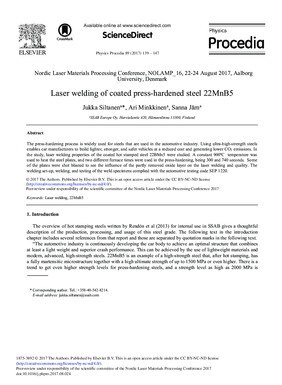 Laser Welding of Coated Press-hardened Steel 22MnB5