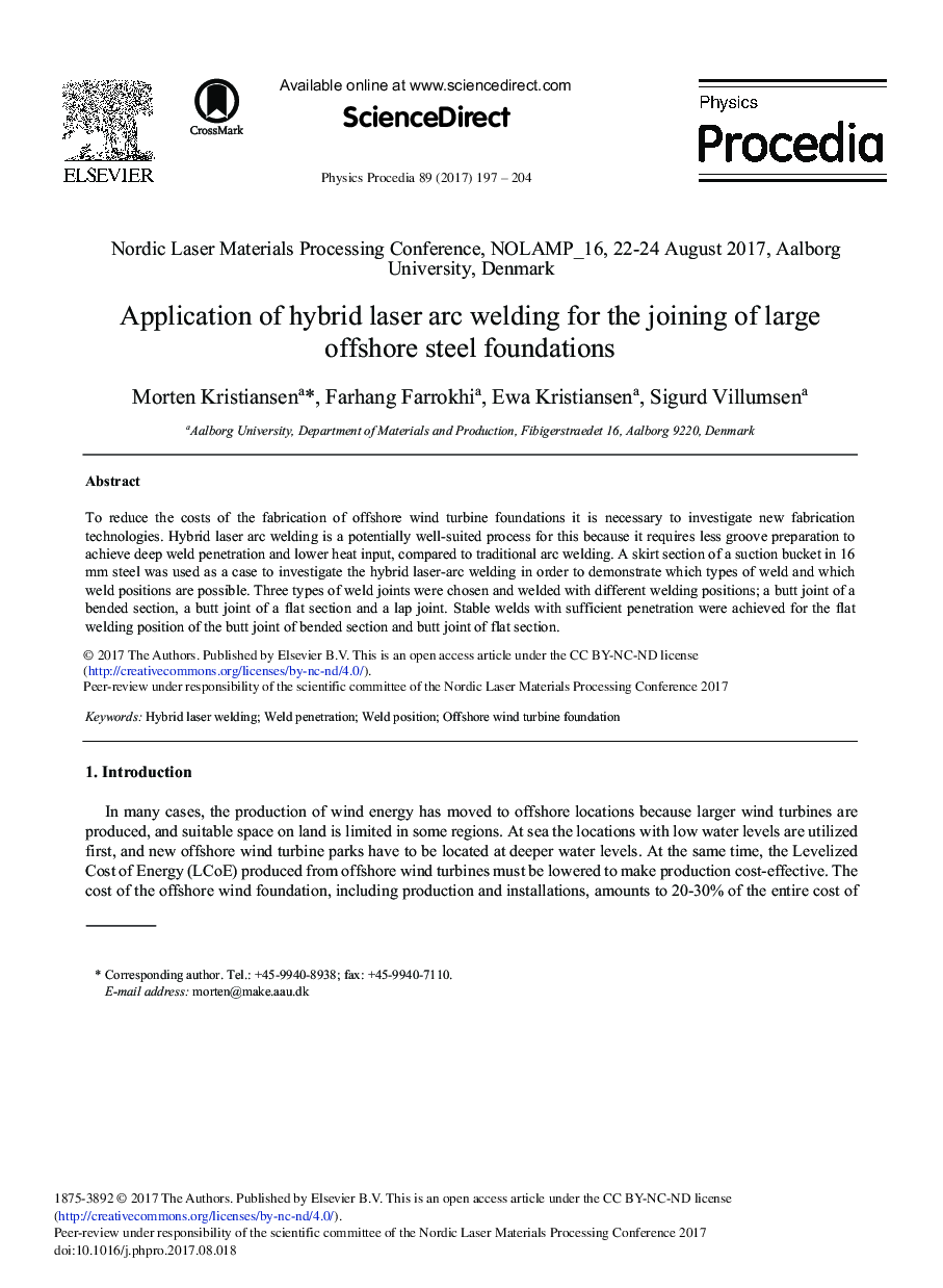 Application of Hybrid Laser arc Welding for the Joining of Large Offshore Steel Foundations