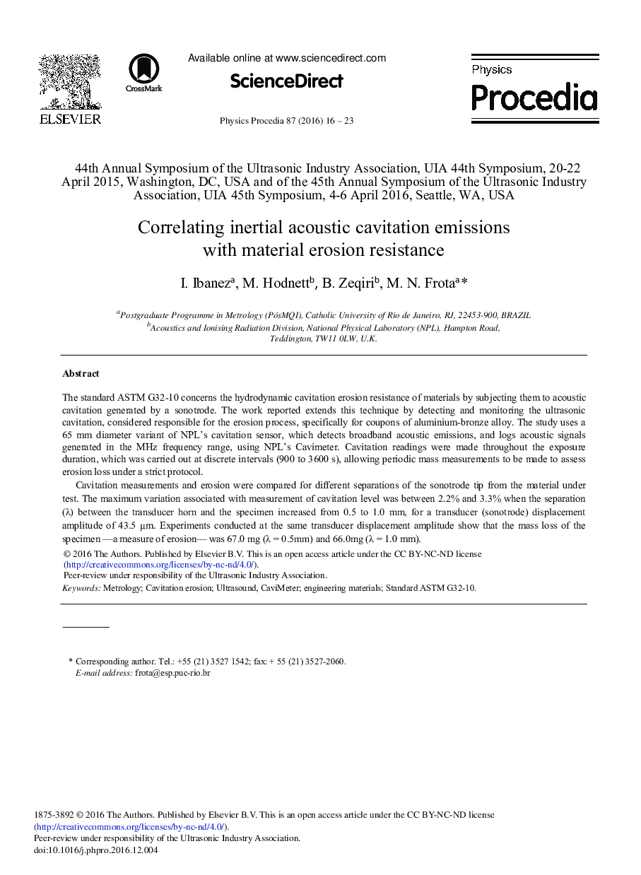 Correlating Inertial Acoustic Cavitation Emissions with Material Erosion Resistance