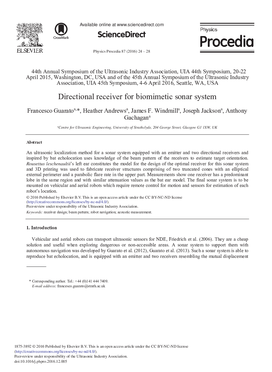 Directional Receiver for Biomimetic Sonar System