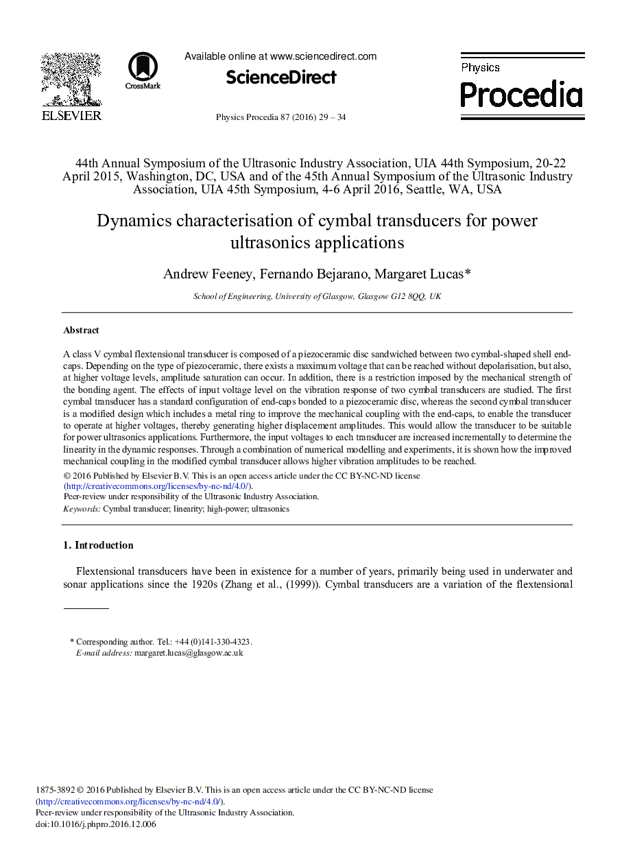 Dynamics Characterisation of Cymbal Transducers for Power Ultrasonics Applications