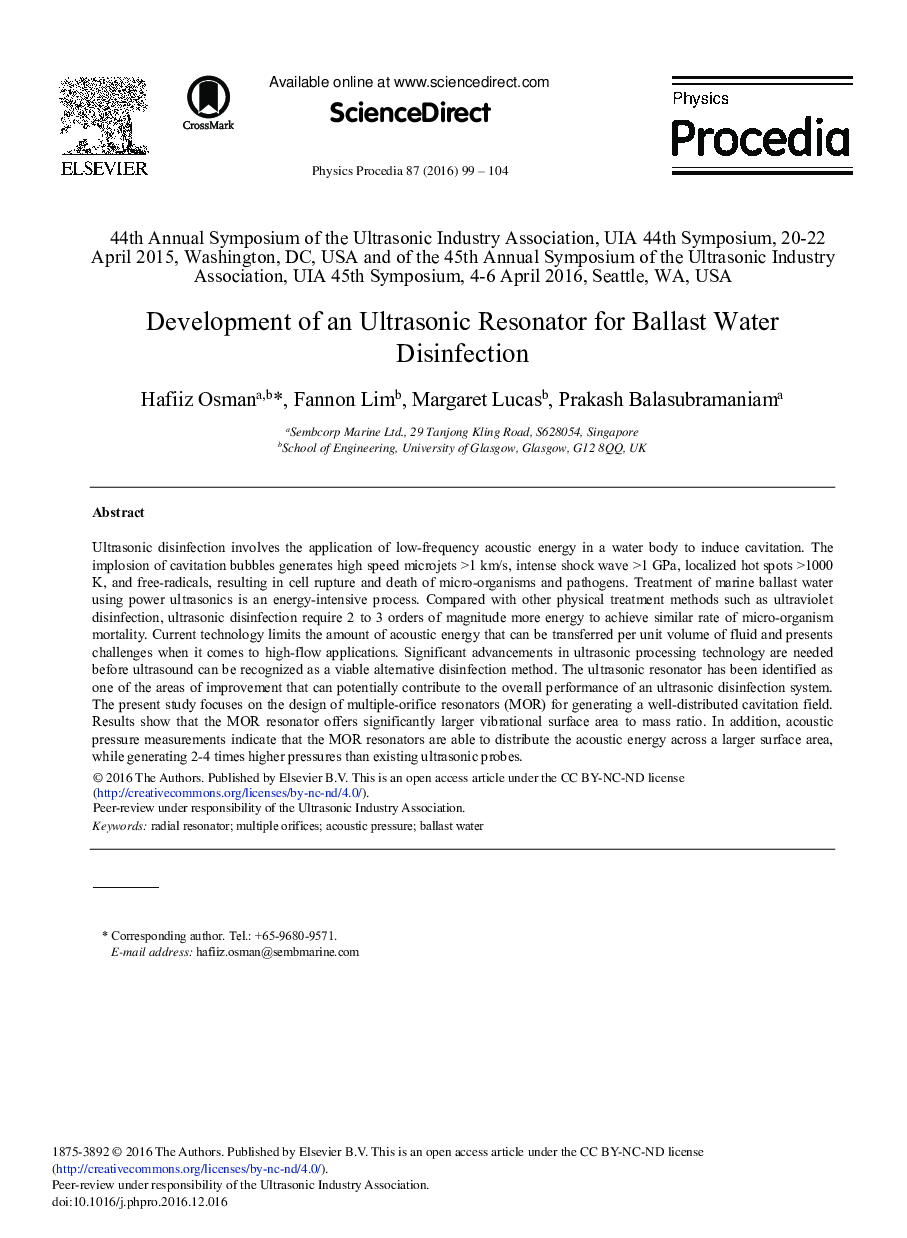 توسعه رزوناتور التراسونیک برای ضدعفونی آب با بالاست 