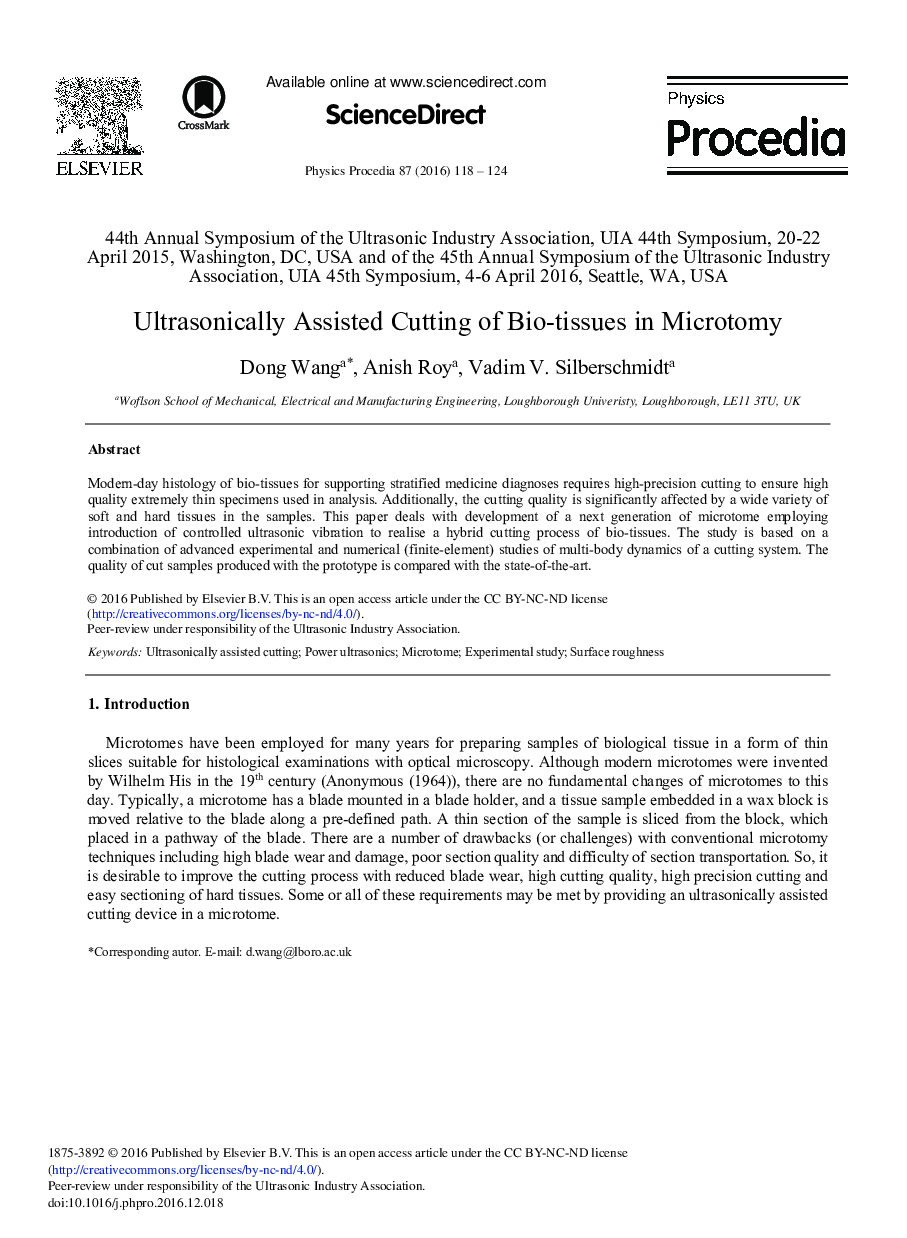 Ultrasonically Assisted Cutting of Bio-tissues in Microtomy