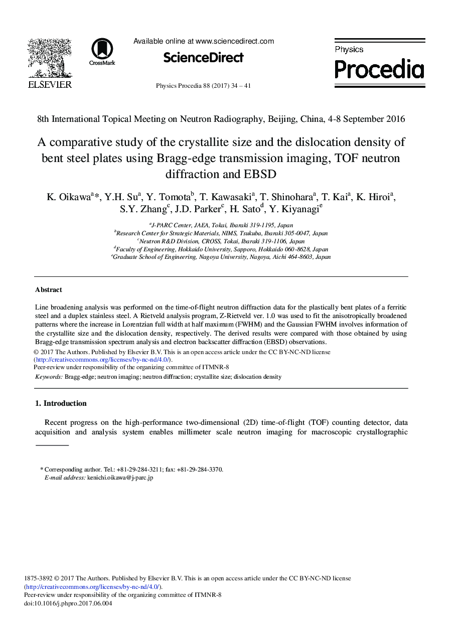 A Comparative Study of the Crystallite Size and the Dislocation Density of Bent Steel Plates using Bragg-edge Transmission Imaging, TOF Neutron Diffraction and EBSD