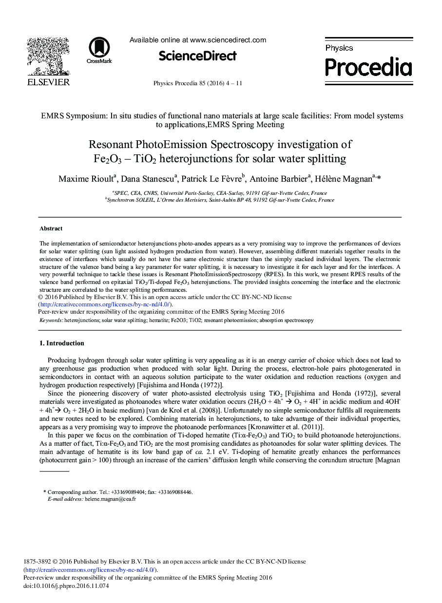 Resonant PhotoEmission Spectroscopy Investigation of Fe2O3 - TiO2 Heterojunctions for Solar Water Splitting