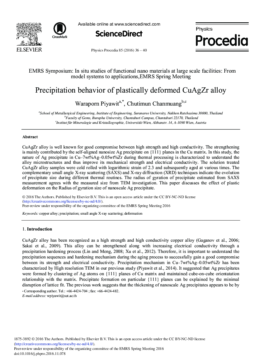 Precipitation Behavior of Plastically Deformed CuAgZr Alloy