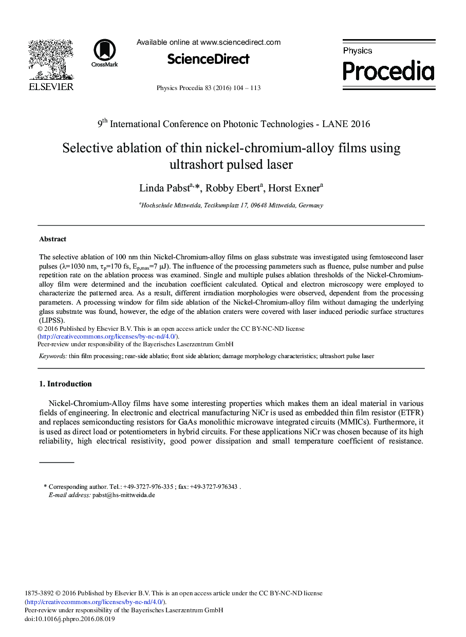 Selective Ablation of thin Nickel-chromium-alloy Films Using Ultrashort Pulsed Laser