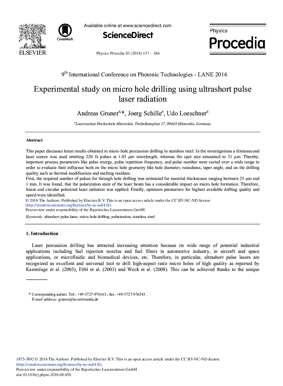 Experimental Study on Micro Hole Drilling Using Ultrashort Pulse Laser Radiation