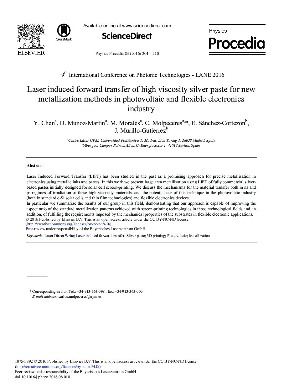 Laser Induced Forward Transfer of High Viscosity Silver Paste for New Metallization Methods in Photovoltaic and Flexible Electronics Industry