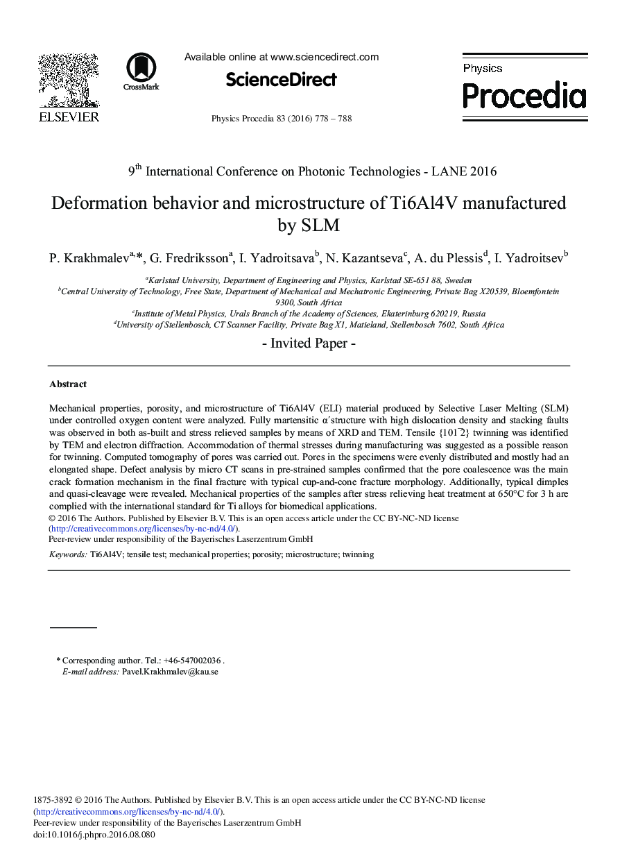 Deformation Behavior and Microstructure of Ti6Al4V Manufactured by SLM