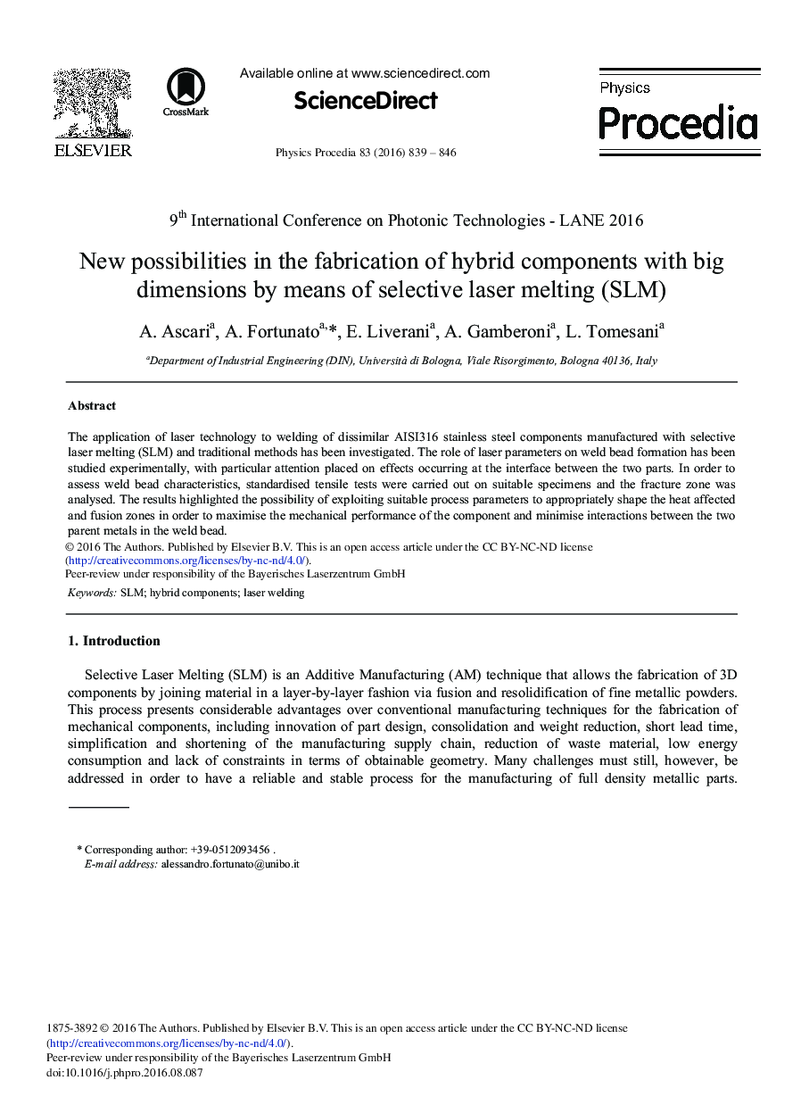 عکس صفحه اول مقاله: New Possibilities in the Fabrication of Hybrid Components with Big Dimensions by Means of Selective Laser Melting (SLM) New Possibilities in the Fabrication of Hybrid Components with Big Dimensions by Means of Selective Laser Melting (SLM)