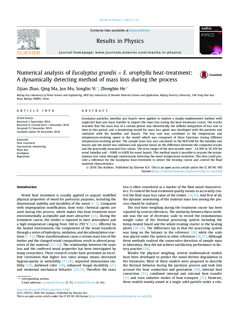 Numerical analysis of Eucalyptus grandisÂ ÃÂ E. urophylla heat-treatment: A dynamically detecting method of mass loss during the process