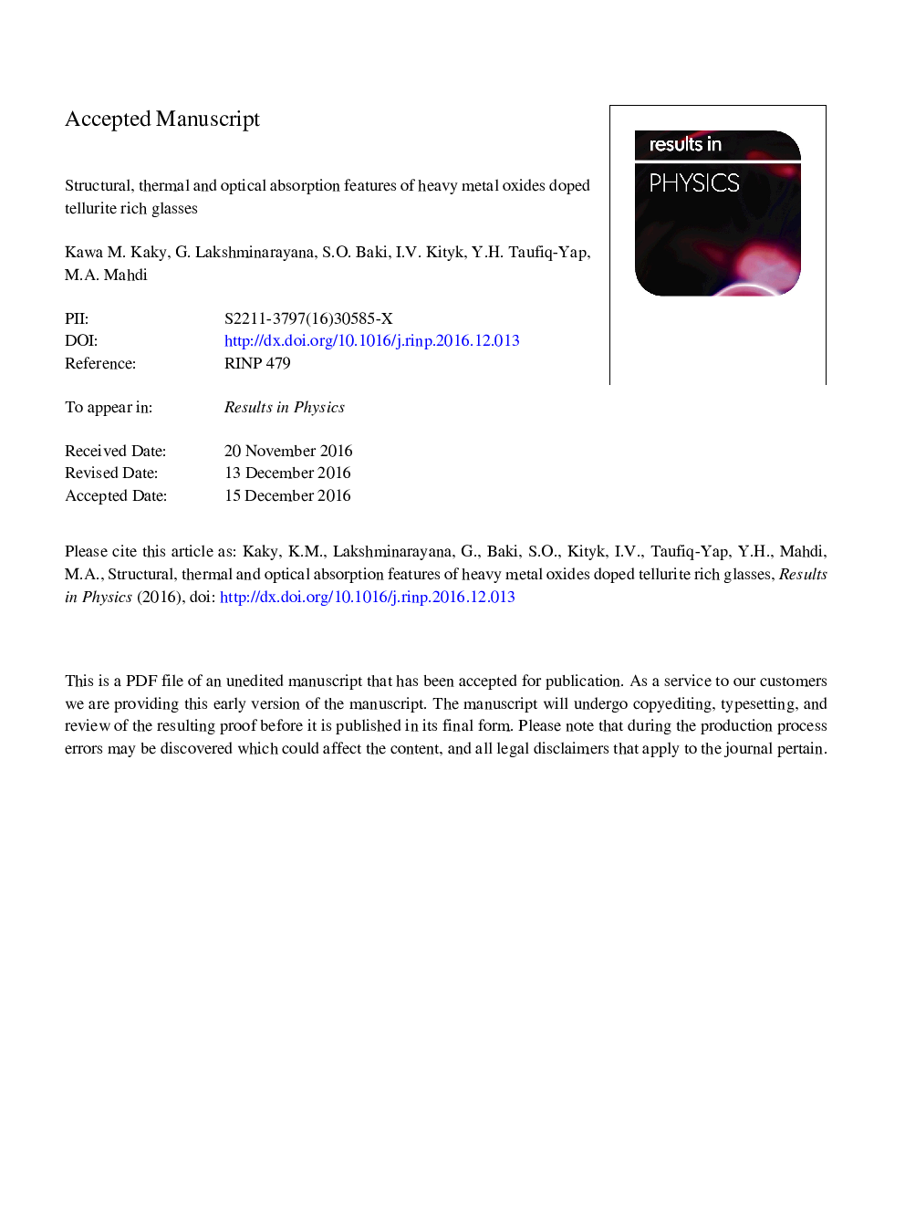 Structural, thermal and optical absorption features of heavy metal oxides doped tellurite rich glasses