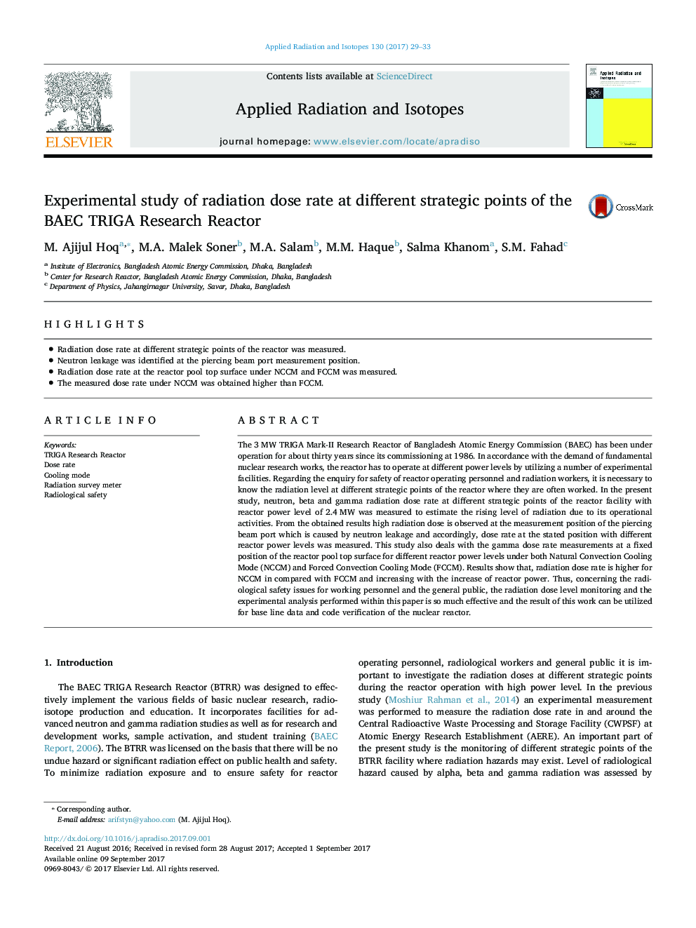 Experimental study of radiation dose rate at different strategic points of the BAEC TRIGA Research Reactor