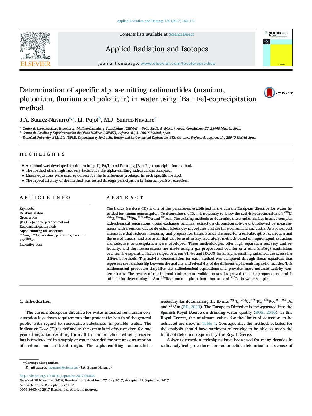 Determination of specific alpha-emitting radionuclides (uranium, plutonium, thorium and polonium) in water using [Ba+Fe]-coprecipitation method