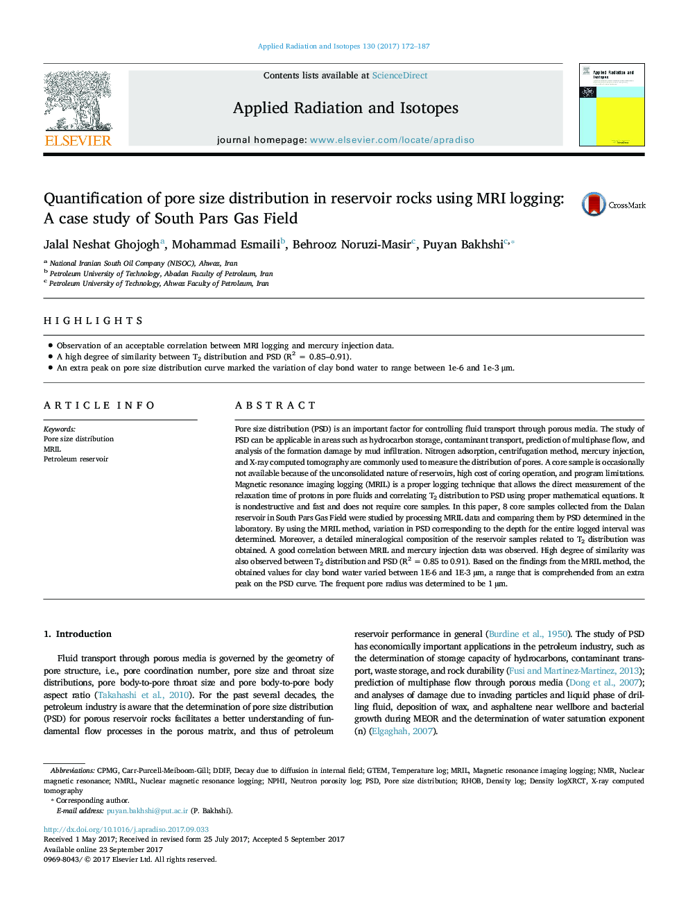 Quantification of pore size distribution in reservoir rocks using MRI logging: A case study of South Pars Gas Field