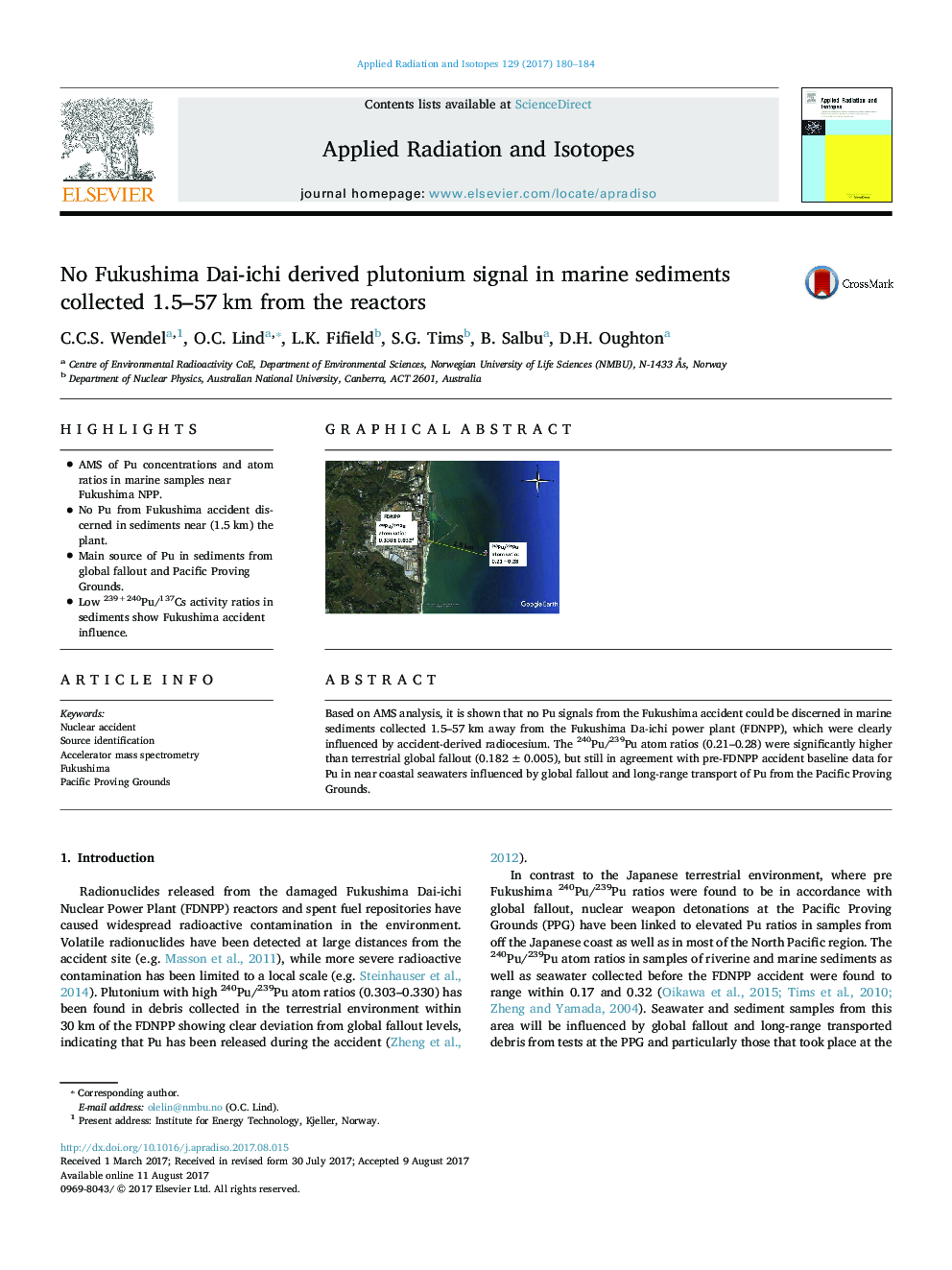 No Fukushima Dai-ichi derived plutonium signal in marine sediments collected 1.5-57Â km from the reactors