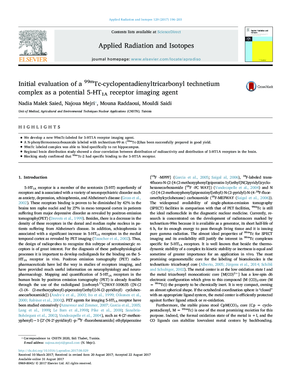 Initial evaluation of a 99mTc-cyclopentadienyltricarbonyl technetium complex as a potential 5-HT1A receptor imaging agent