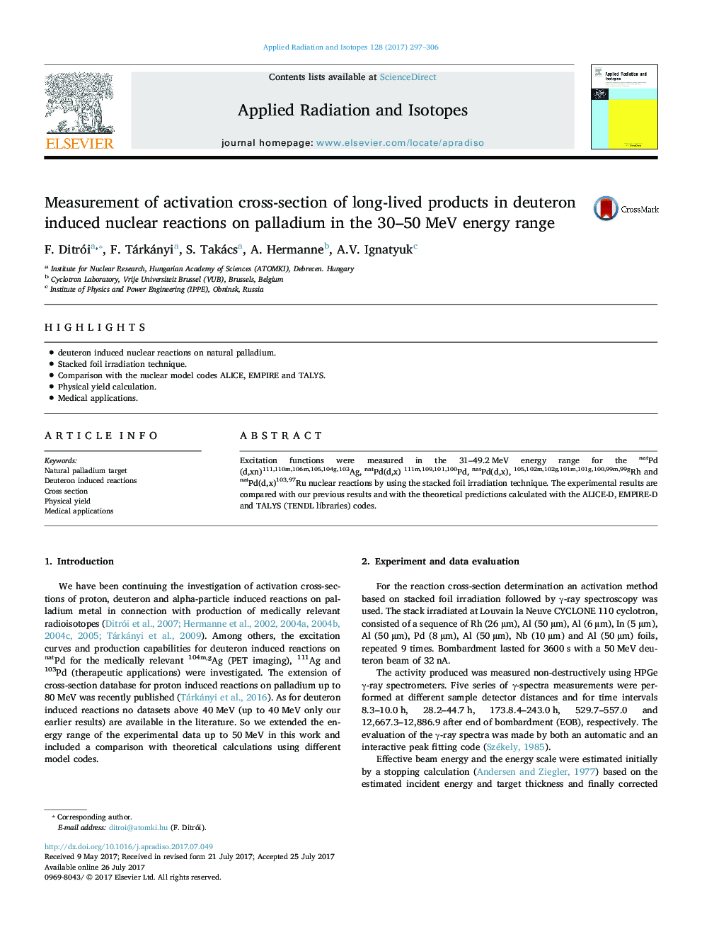 Measurement of activation cross-section of long-lived products in deuteron induced nuclear reactions on palladium in the 30-50Â MeV energy range