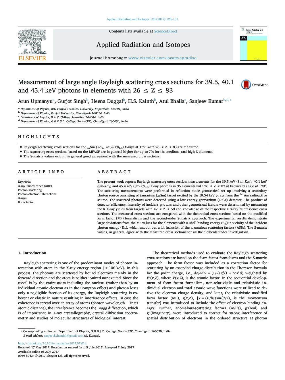 Measurement of large angle Rayleigh scattering cross sections for 39.5, 40.1 and 45.4Â keV photons in elements with 26 â¤ Z â¤ 83