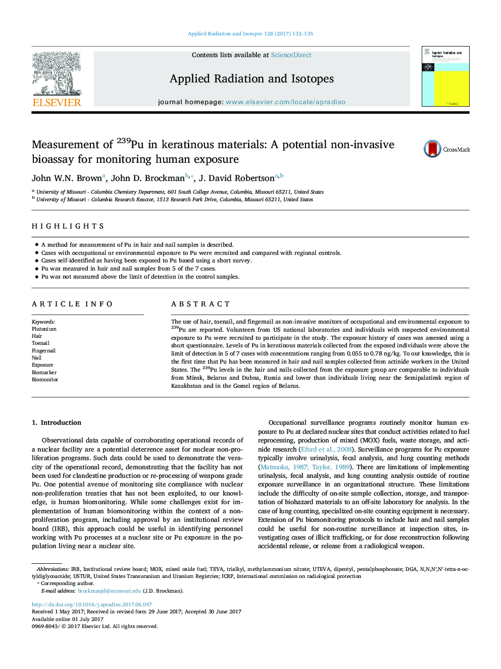 Measurement of 239Pu in keratinous materials: A potential non-invasive bioassay for monitoring human exposure